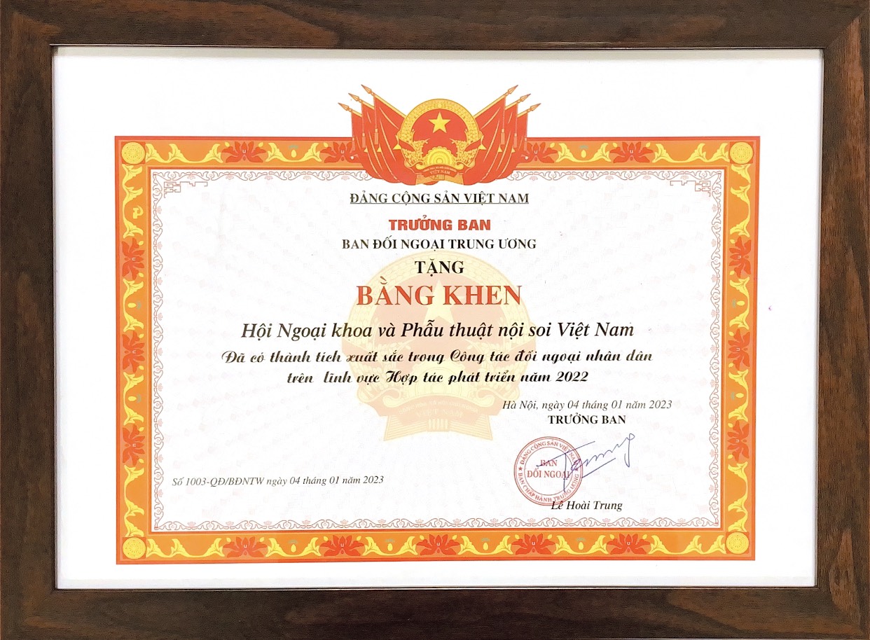 Hội Ngoại khoa và Phẫu thuật nội soi Việt Nam vinh dự nhận bằng khen của Ban Đối ngoại Trung ương Đảng